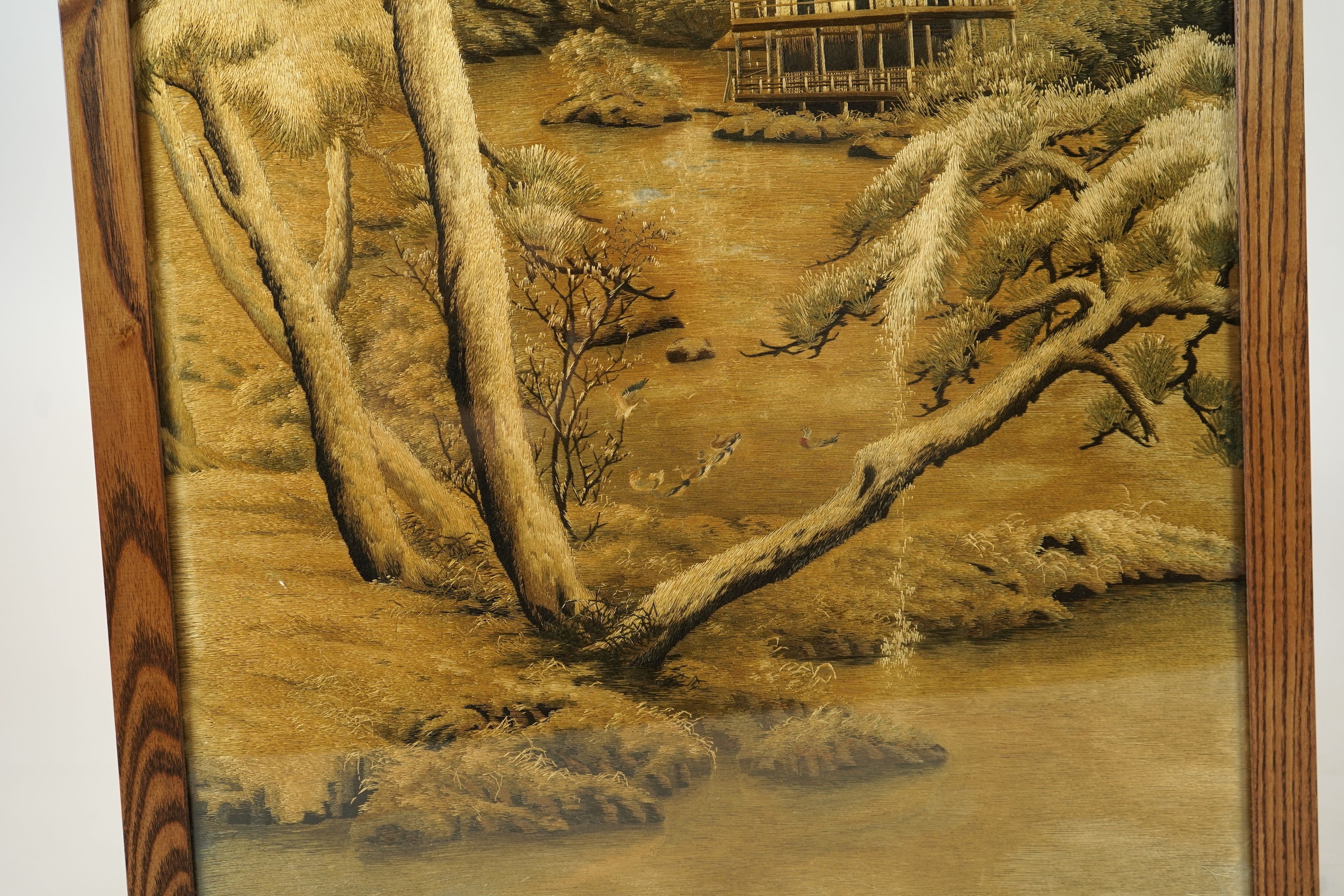 A Japanese embroidered silk picture of Kinkaku-ji, 'Temple of the Golden Pavilion' in Kyoto, Meiji period (1868-1912)